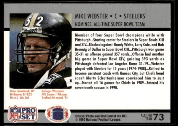 _10 1990 Pro Set Super Bowl 160 Pittsburgh Steelers #73 Mike Webster