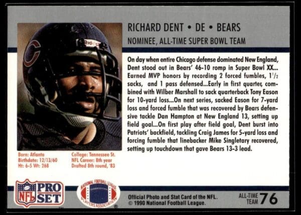 _10 1990 Pro Set Super Bowl 160 Chicago Bears #76 Richard Dent