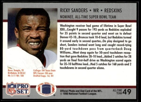 1990 Pro Set Super Bowl 160 Washington Redskins #49 Ricky Sanders