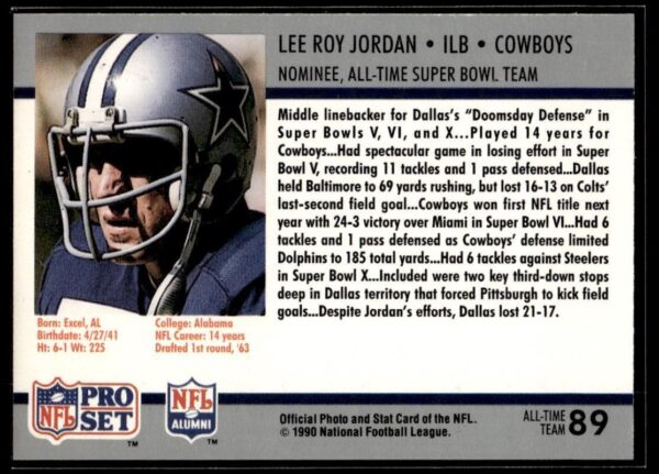 1990 Pro Set Super Bowl 160 Dallas Cowboys #89 Lee Roy Jordan