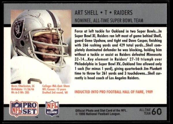 1990 Pro Set Super Bowl 160 Oakland Raiders #60 Art Shell