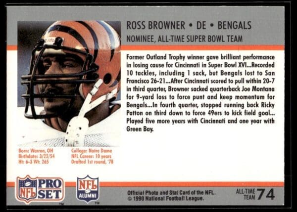 _10 1990 Pro Set Super Bowl 160 Cincinnati Bengals #74 Ross Browner