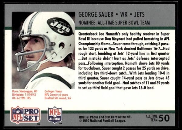 1990 Pro Set Super Bowl 160 New York Jets #50 George Sauer