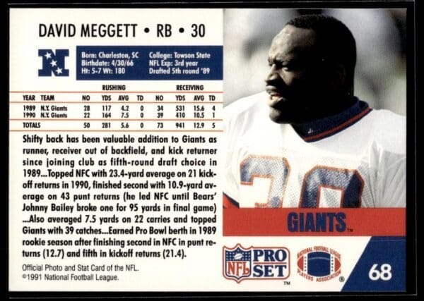 1991 Pro Set New York Giants #68 David Meggett