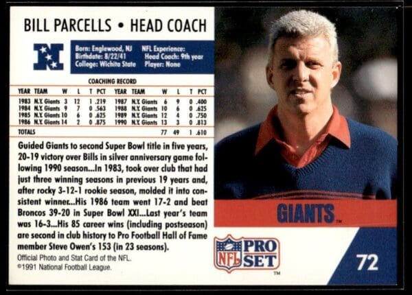 _10 1991 Pro Set New York Giants #72 Bill Parcells