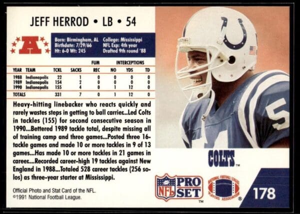 1991 Pro Set Indianapolis Colts #178 Jeff Herrod
