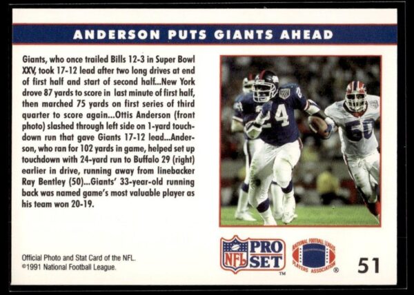1991 Pro Set Anderson puts giants ahead #51 Super Bowl