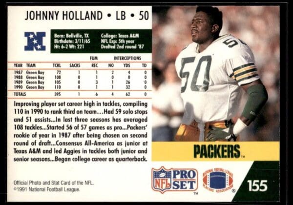 1991 Pro Set Green Bay Packers #155 Johnny Holland