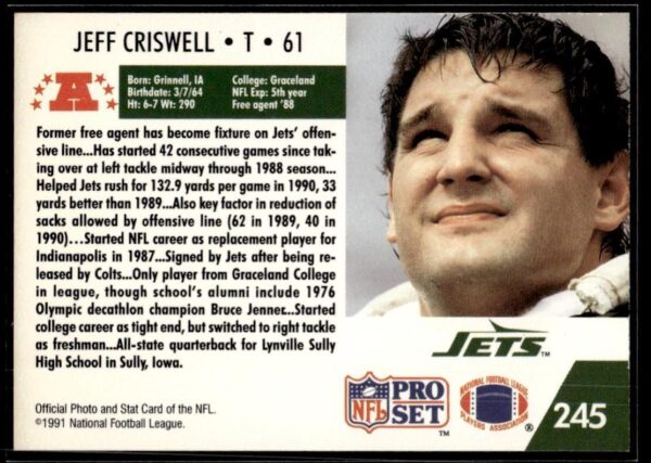 _10 1991 Pro Set New York Jets #245 Jeff Criswell