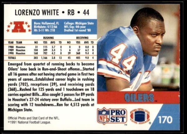 1991 Pro Set Houston Oilers #170 Lorenzo White