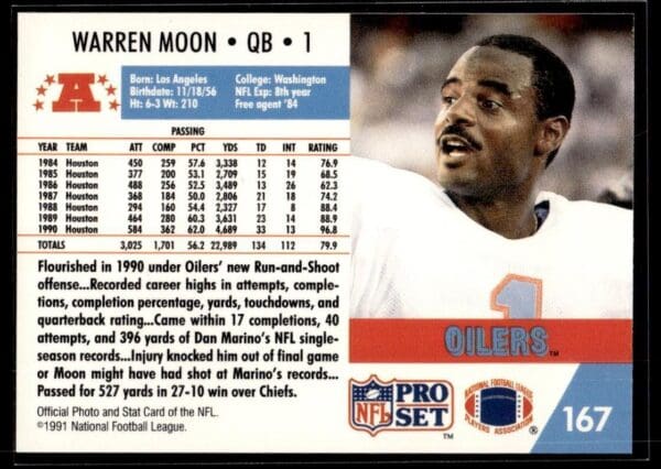 1991 Pro Set Houston Oilers #167 Warren Moon