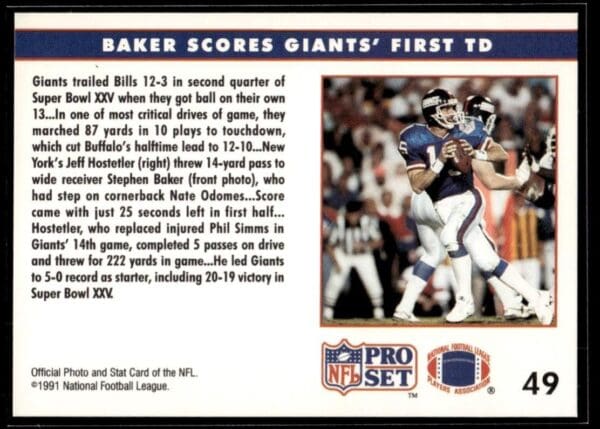 1991 Pro Set New York Giants #49 Stephen Baker
