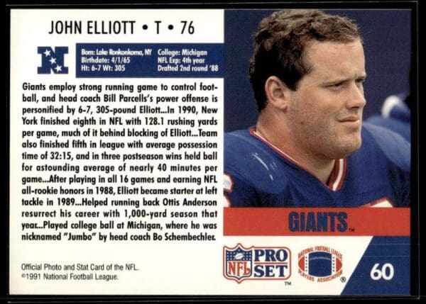 _10 1991 Pro Set New York Giants #60 John Elliott