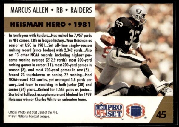 1991 Pro Set USC Trojans/Los Angeles Raiders #45 Marcus Allen