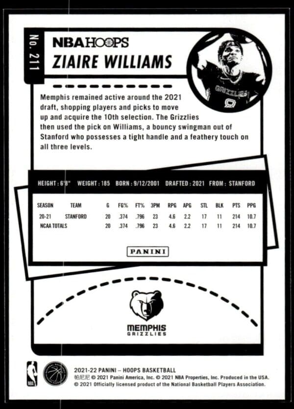 2021 NBA Hoops Memphis Grizzlies #211 Ziaire Williams RC Rookie