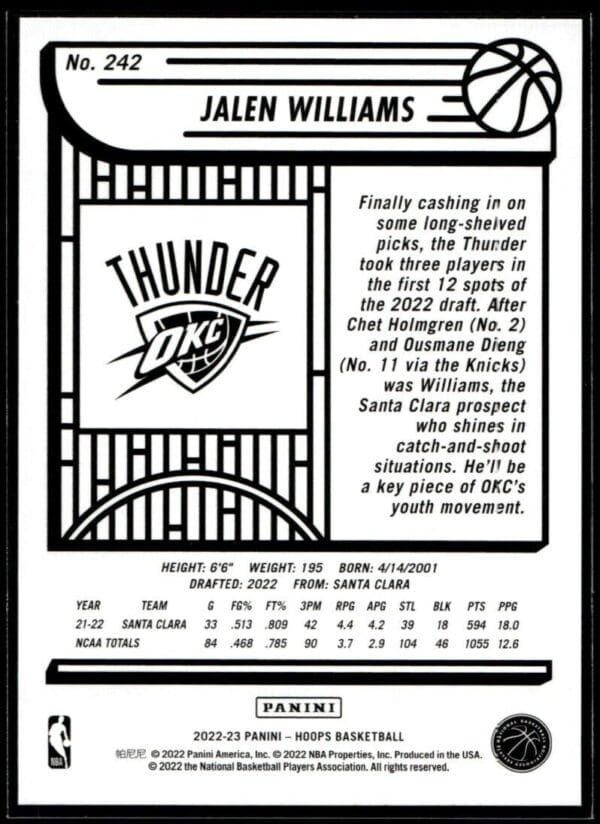 2022 Hoops Oklahoma City Thunder #242 Jalen Williams RC Rookie