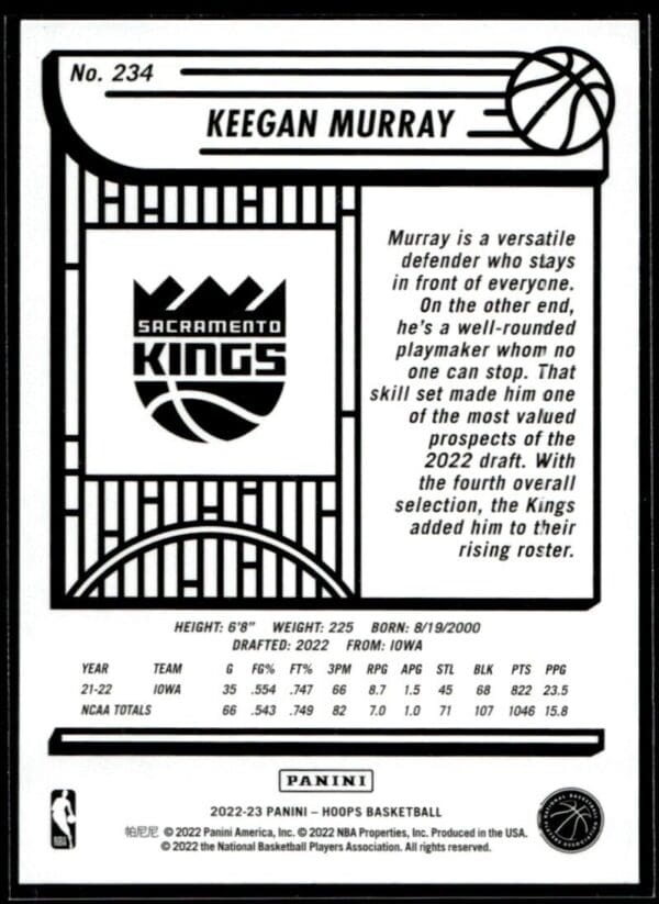 2022 Hoops Sacramento Kings #234 Keegan Murray RC Rookie