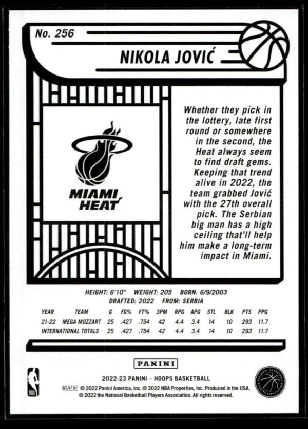 2022 Hoops Miami Heat #256 Nikola Jovic RC Rookie