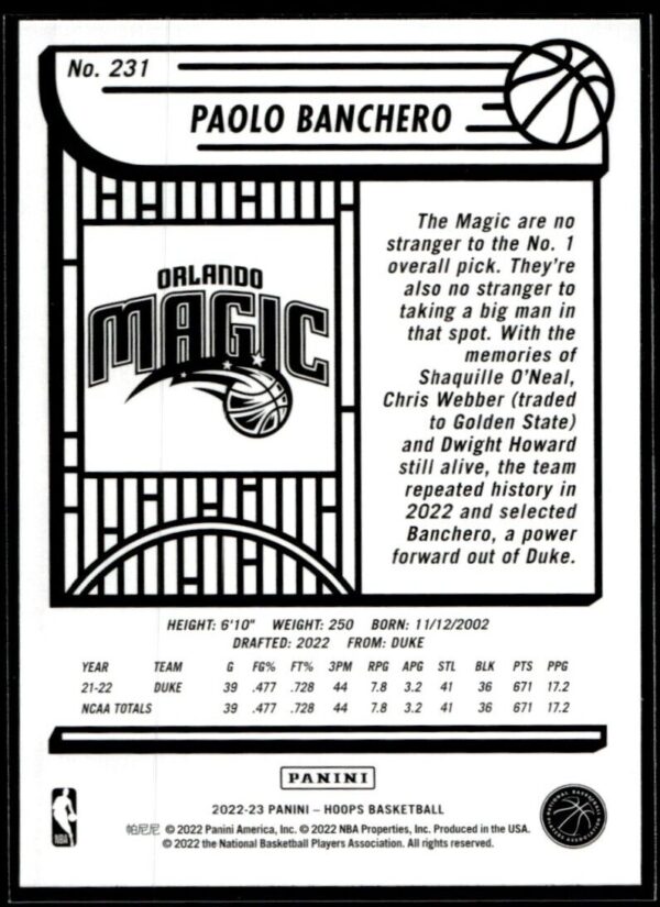 _10 2022 Hoops Orlando Magic #231 Paolo Banchero RC Rookie