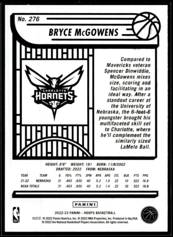 2022 Hoops Charlotte Hornets #276 Bryce McGowens RC Rookie