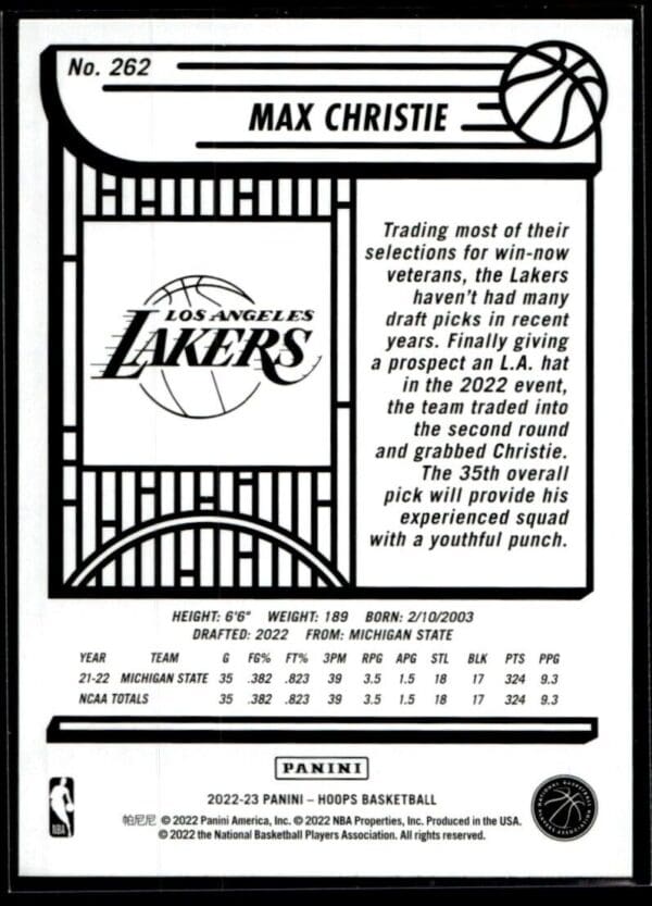 _10 2022 Hoops Los Angeles Lakers #262 Max Christie RC Rookie