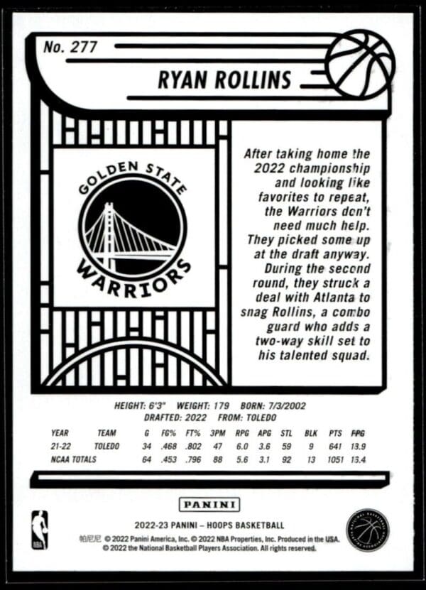 2022 Hoops Golden State Warriors #277 Ryan Rollins RC Rookie
