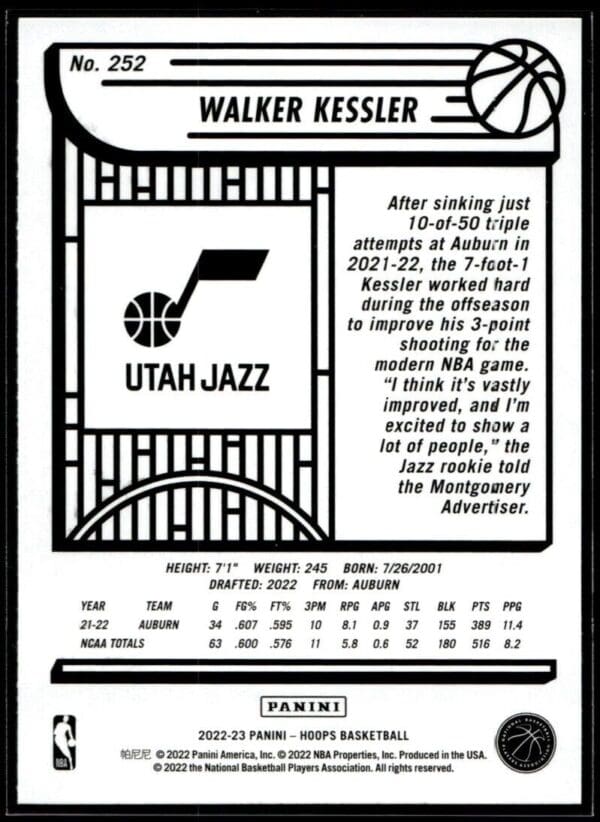 2022 Hoops Utah Jazz #252 Walker Kessler RC Rookie