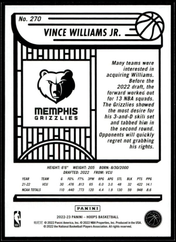 _10 2022 Hoops Memphis Grizzlies #270 Vince Williams Jr. RC Rookie