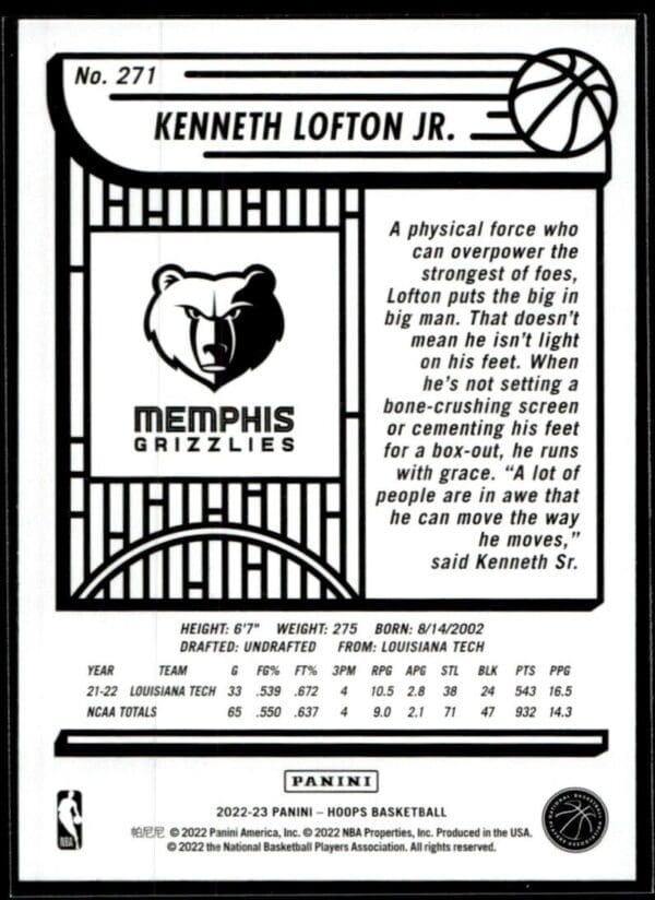 2022 Hoops Memphis Grizzlies #271 Kenneth Lofton Jr. RC Rookie