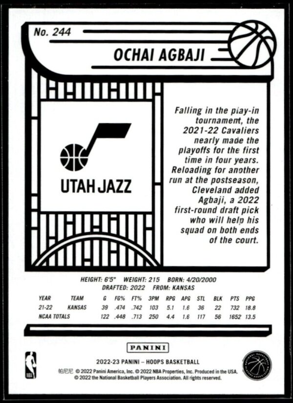 2022 Hoops Gallery Utah Jazz #244 Ochai Agbaji RC Rookie