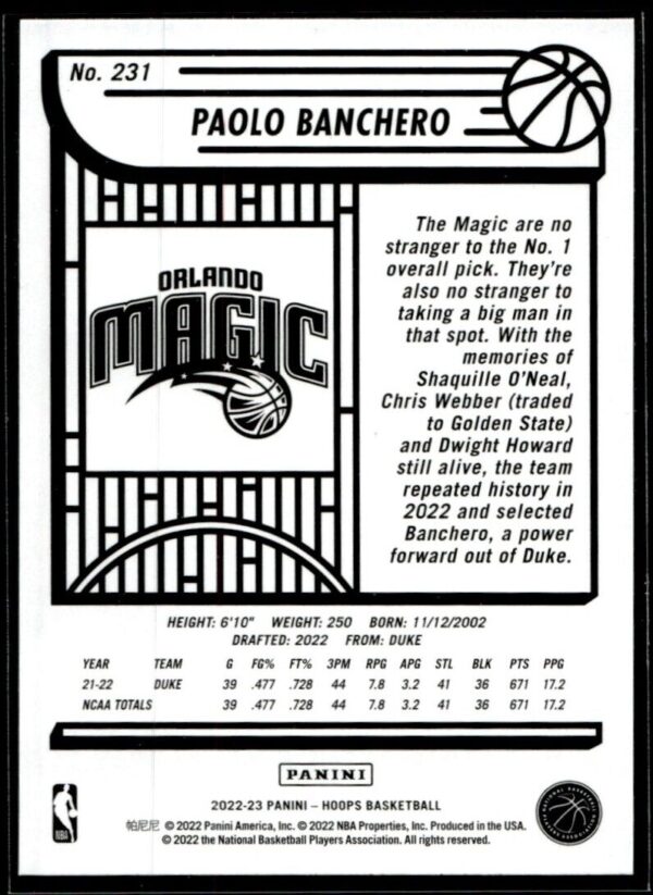 _10 2022 Hoops Orlando Magic #231 Paolo Banchero RC Rookie