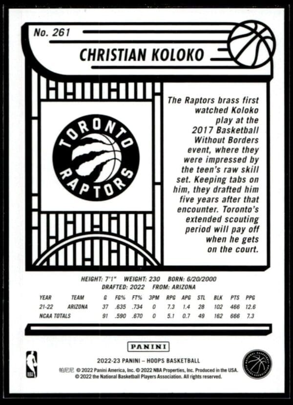 2022 Hoops Toronto Raptors #261 Christian Koloko RC Rookie