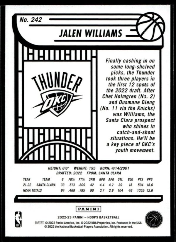 2022 Hoops Oklahoma City Thunder #242 Jalen Williams RC Rookie
