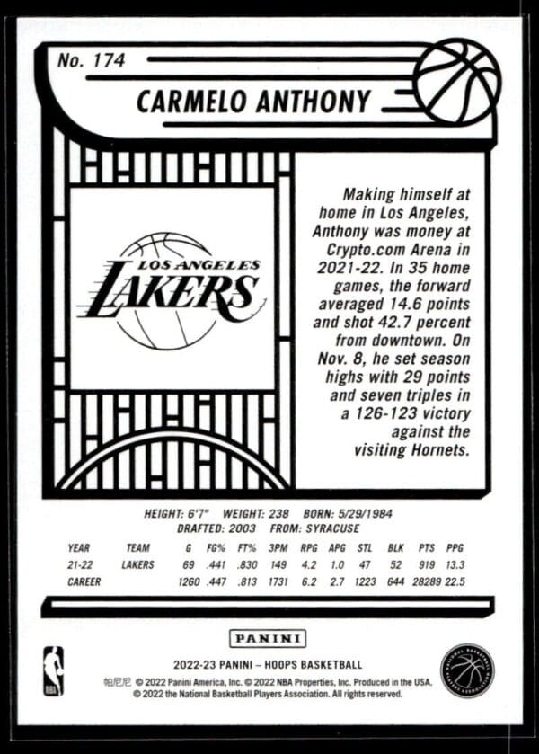 2022 NBA Hoops Los Angeles Lakers #174 Carmelo Anthony