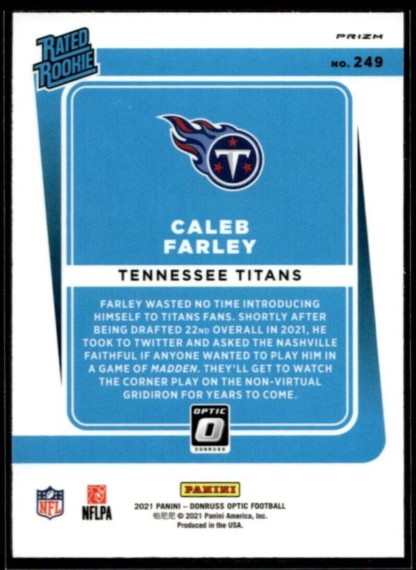 2021 Donruss Optic Caleb Farley Rookie Tennessee Titans #249 Silver Prizm