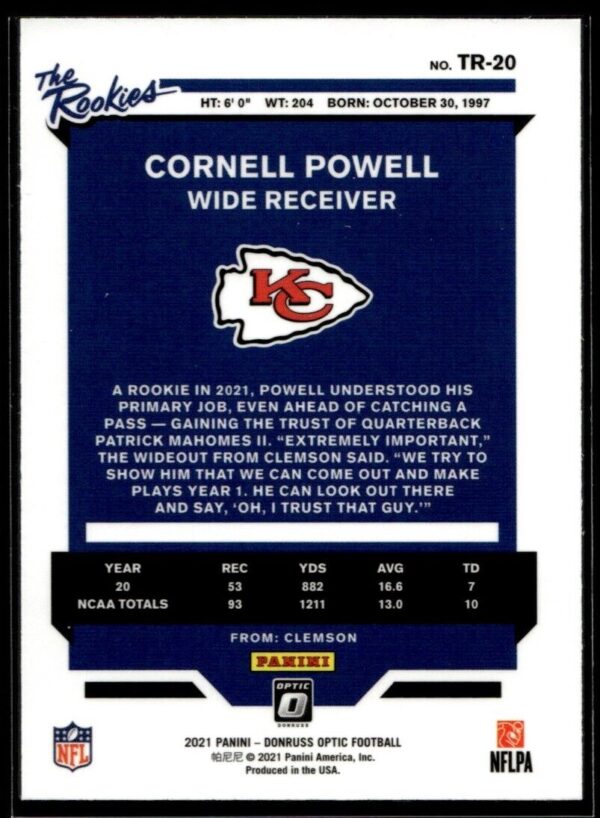 2021 Donruss Optic The Rookies Cornell Powell Rookie Kansas City Chiefs #TR-20