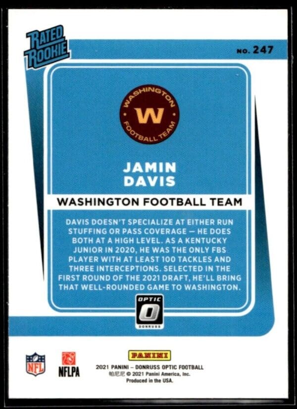 2021 Donruss Optic Jamin Davis Rookie Washington Football Team #247