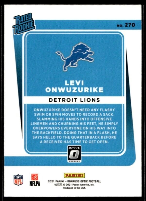 _10 2021 Donruss Optic Levi Onwuzurike Rookie Detroit Lions #270