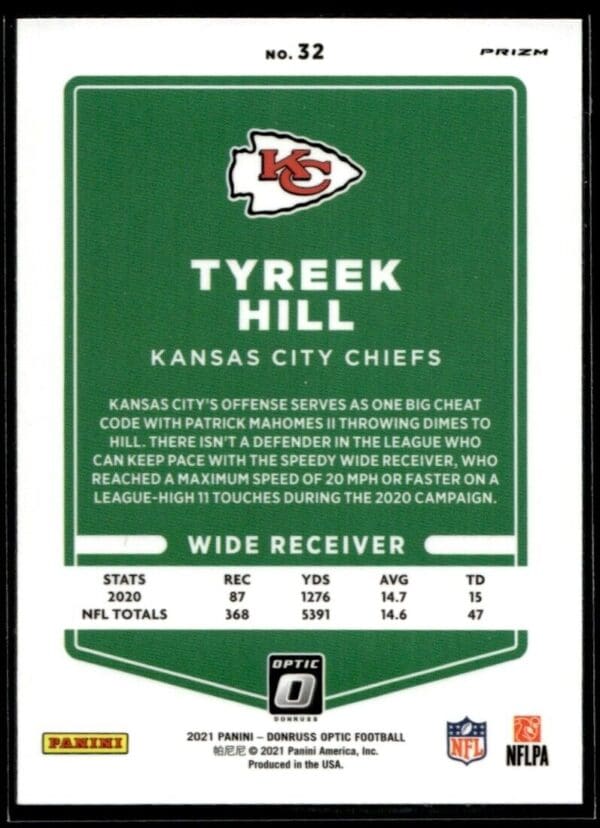 2021 Donruss Optic Tyreek Hill Kansas City Chiefs #32 Silver Prizm Parallel