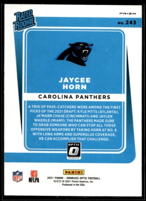 2021 Donruss Optic Jaycee Horn Rookie Carolina Panthers #243 Blue Hyper Prizm