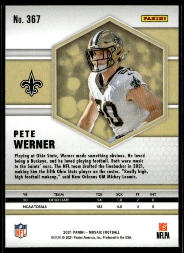 2021 Panini Mosaic Pete Werner Rookie New Orleans Saints #367