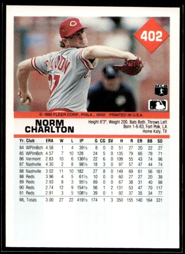 1992 Fleer Cincinnati Reds #402 Norm Charlton