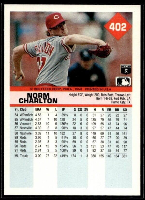 _10 1992 Fleer Cincinnati Reds #402 Norm Charlton