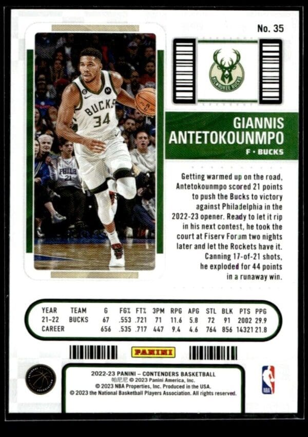 _10 2022 Panini Contenders Milwaukee Bucks #35 Giannis Antetokounmpo