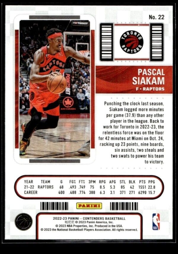 2022 Panini Contenders Toronto Raptors #22 Pascal Siakam