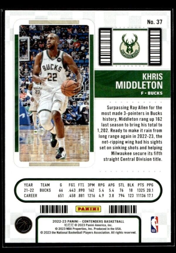 _10 2022 Panini Contenders Milwaukee Bucks #37 Khris Middleton