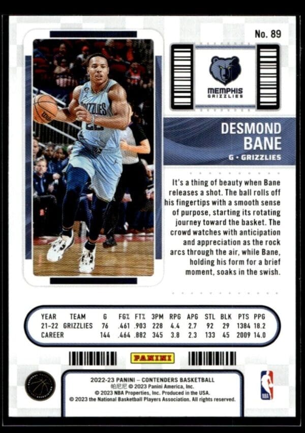 _10 2022 Panini Contenders Memphis Grizzlies #89 Desmond Bane