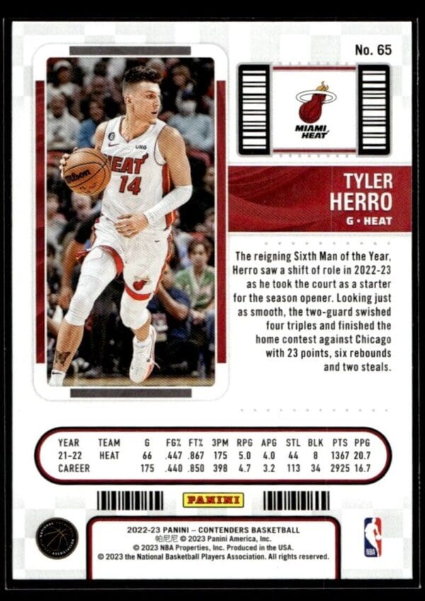 _10 2022 Panini Contenders Miami Heat #65 Tyler Herro