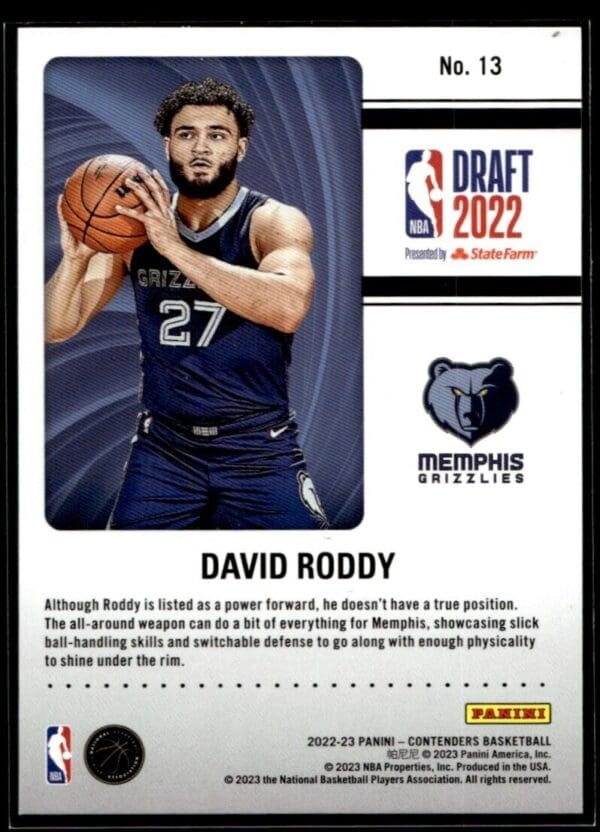 2022 Panini Contenders Memphis Grizzlies #13 David Roddy RC Rookie Draft Class