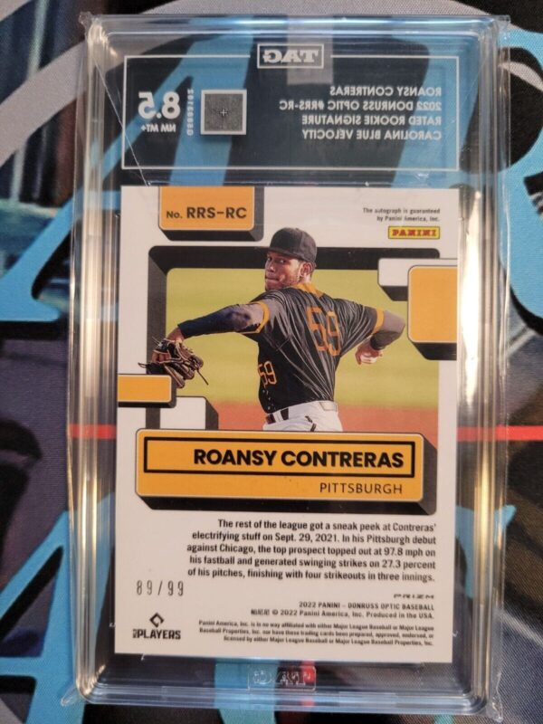 _57 2022 Donruss Optic Roansy Contreras Blue Velocity Prizm Auto TAG 89/99